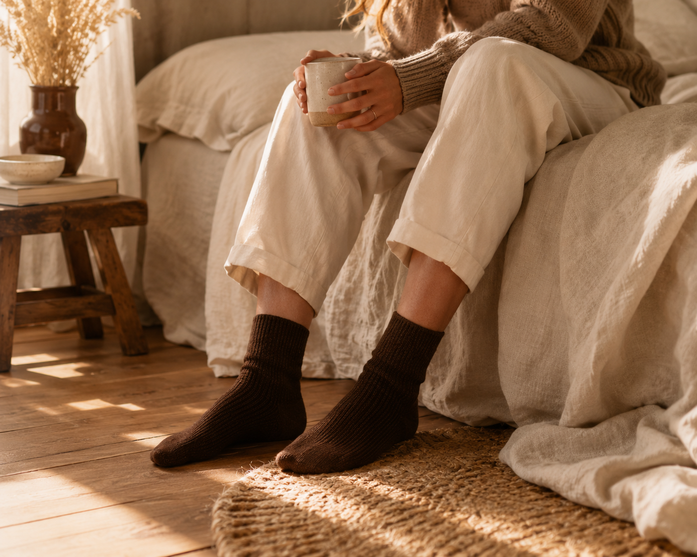 Person sitting on a bed holding a mug in a cozy bedroom setting.